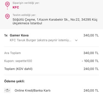 Yemeksepeti KFC Siparişimi Yanıl Getirdi
