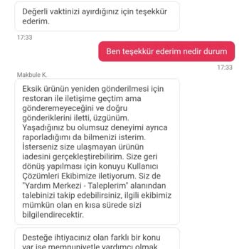 Yemeksepeti Teyitli Eksik Ürüne İade Yapmıyor.