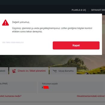 THY Sitesi Bilet Yönetim Ekranı Hatası