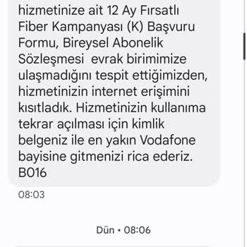Vodafone Net Evrak Eksikliğinden Dolayı Hizmet İptali
