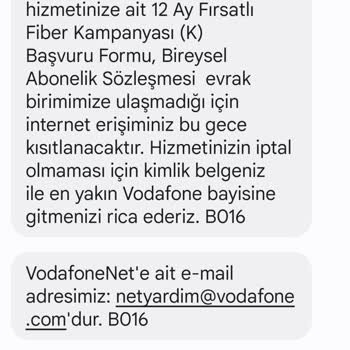 Vodafone Net Evrak Eksikliğinden Dolayı Hizmet İptali