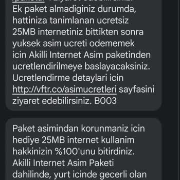 Vodafone Avantajlı! İnternet Paketi Tanımı İptal Talebi