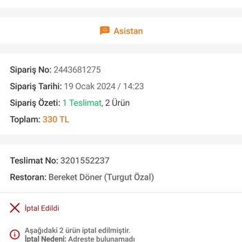 Trendyol GO Dan Bereket Dönerden Şikayetçiyim