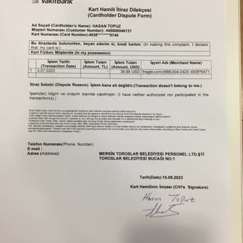 VakıfBank Kredi Kartımdan Bilgim Dışı İşlem Yapıldı İade Talep Ediyorum