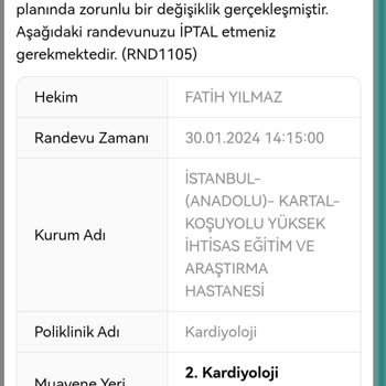 MHRS (Merkezi Hekim Randevu Sistemi) Koşuyolu Kardiyoloji Randevum İptal Edilmiş
