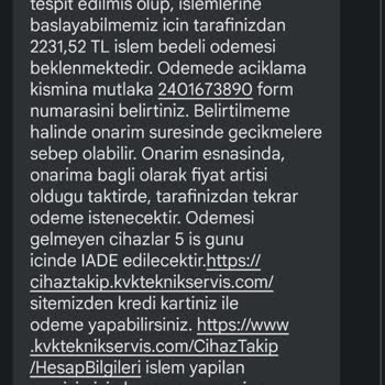 KVK Servisi Onarım Bedelini Alıp Cihazı Aynı Arıza İle Teslim Etti