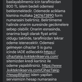 KVK Servisi Onarım Bedelini Alıp Cihazı Aynı Arıza İle Teslim Etti