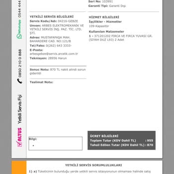 Altus -Arçelik Yetkili Servis Fazla Para Skandalı