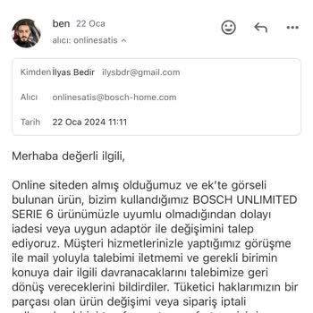 Bosch Elektrik Süpürgesi İçin Uyumsuz Şarj Adaptörü Değişim Talebinin Reddedilmesi