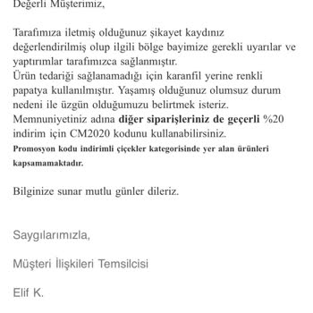 Çiçek Market Görselden Farklı Ürün