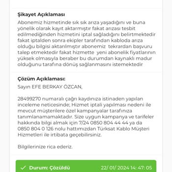 Kablo Net İnternet Hizmetinde Yaşanan Sorunlar Ve Cayma Bedeli Şikayeti