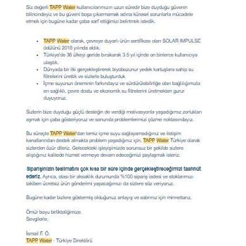 Tapp Water Siparişimi Teslim Etmiyor, Paramı Geri Vermiyor
