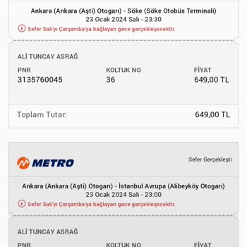 Metro Turizm Sefer Değişikliği Yapılmaması