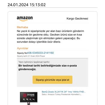 Amazon Stoktan Dolayı Sipariş İptali