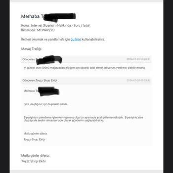 Toyzz Shop Sipariş İptali Yapmıyor