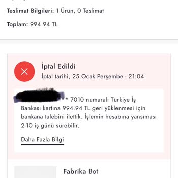Boyner Benden Habersiz İptal Edilen Ürün