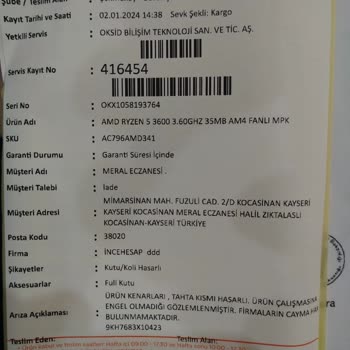 Oksid Bilişim İncehesap Kusurlu AMD İşlemciyi Kabul İade Kabul Etmiyor