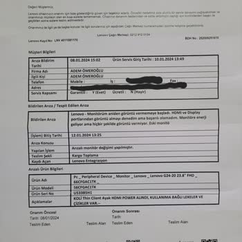 Lenovo Bilgisayar Lenovo Garantiye Gönderdiğim Monitör Sorunu.