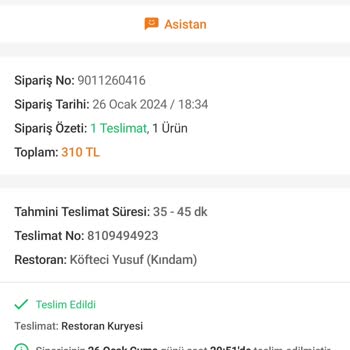 Köfteci Yusuf Kırşehir Şubesi Çok Geç Teslimat Yaptı