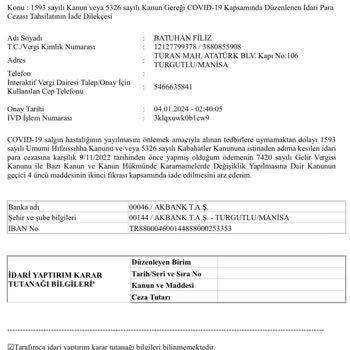 Gelir İdaresi Başkanlığı Pandemi Cezası İade Talebi