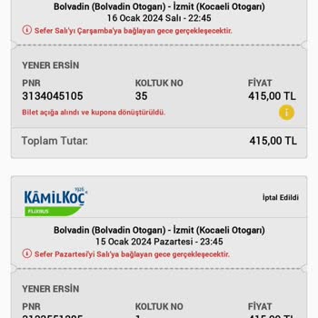 Kamil Koç Bilet Hakkı Açığa Alına Bilet