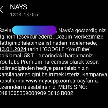 Nays Youtube.com Premium 50% İadesini Yapmıyor