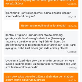 Migros Siparişim Keyfi Olarak İptal Edilmiş