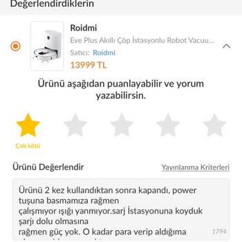 Roidmi Eve Plus Robot Süpürge Pişmanlıktır. Bilsa Teknik Serviste Aynı