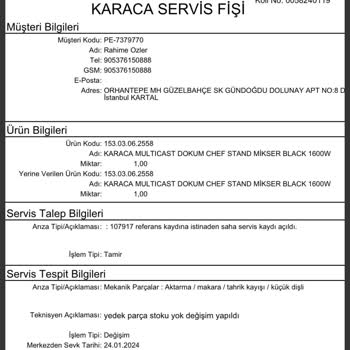 Karaca Züccaciye Karaca Hamur Yoğurma Makinesi Değişim Yapılmaması