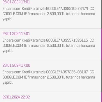 28.01.2024 Enpara Kredi Kartı İzinsiz Çekimler
