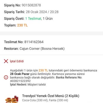 Konya Cajun Corner Trendyol Yemek Siparişi Ücret Düşük Bulup Getirmedi