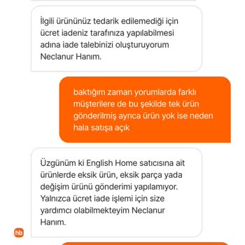 English Home Eksik Ürün Tedarik Etmemesi