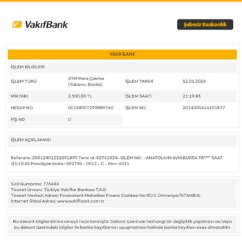 VakıfBank ATM De Çekilmiş Gösterilen Tutar