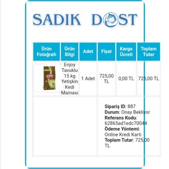 Sadikdost.com Sitesi Mama Siparişimi Göndermedi