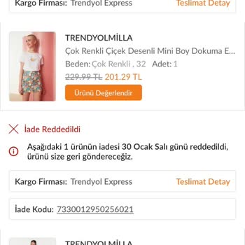 Trendyolmilla İadeyi Geçersiz Sebeplerle Reddediyor