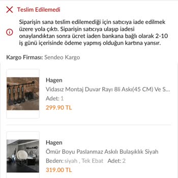 Sendeo İletişime Geçmeyip İade Edilen Ürün