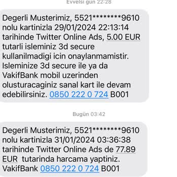 Twitter Online Ads Adlı Firma İznim Olmadan Kartımdan Para Çekti