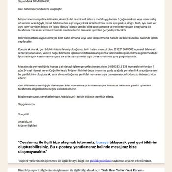 Anadolu Jet Bilet İadesi Yapılmadı