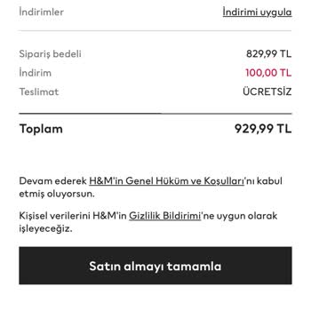 H&M Ödeme Sekmesinde Fiyatla Oynaması