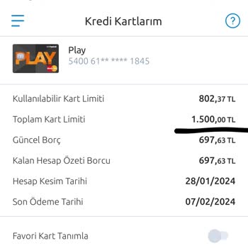 Yapı Kredi Bankası 1500 Lira Limitli Kartıma586 Lira Kart Ücreti