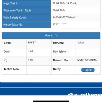 Sürat Kargo İzmir Aktarma Şubesinde Kargom 1 Haftadır Kayıp