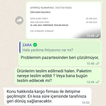 Zara Mağazasından Online Yapmış Olduğum Ürünlerin Teslimatı Hk.