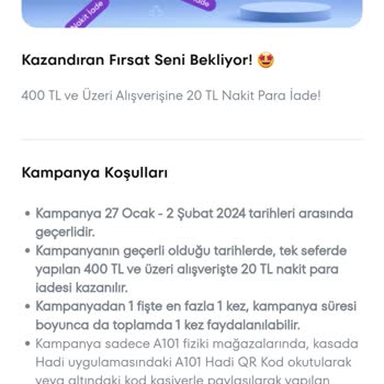 A101 Hadi Uygulaması Nakit İade Yüklemedi
