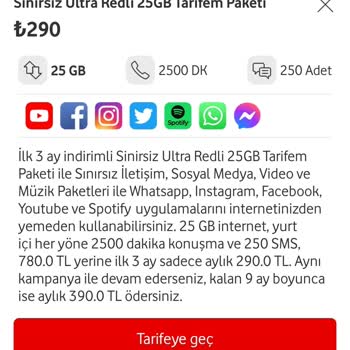 Vodafone Yüksek Tarife Ücretli Teklifleri