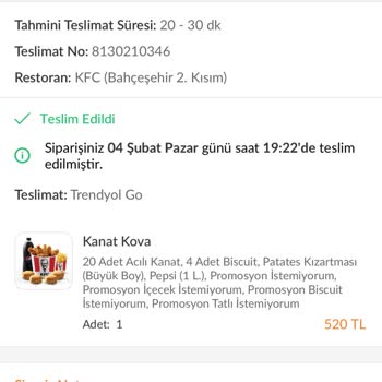 Trendyol KFC Bahçeşehir Eksik Ürün