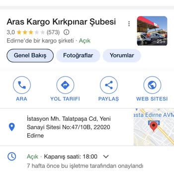 Aras Kargo Kırkpınar Şubesi Saat 10 Da Kapalı