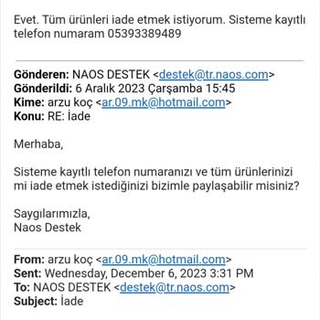 Naos Stars Naos İade Edilen Ürünlerin Ücretinin Geri Ödenmemesi