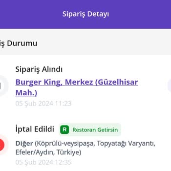 Getir - Burger King 1 Saat Sonra Sipariş İptali
