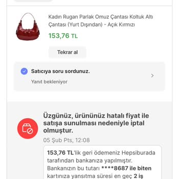 Hepsiburada Hatalı Fiyat Nedeniyle Siparişimi İptal Etti