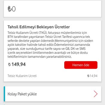 Vodafone Tahsil Edilmeyi Bekleyen Ücret